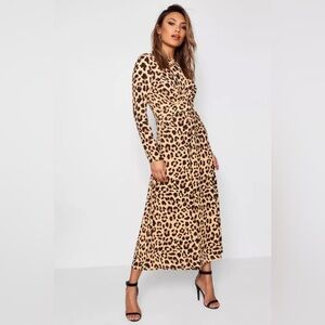 Boohoo Leopard Print Long Sleeve Jumpsuit in Tan and Black